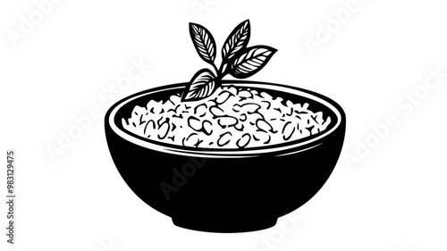 Neatly plated risotto in a deep bowl with a herb sprig on top, food vector graphic