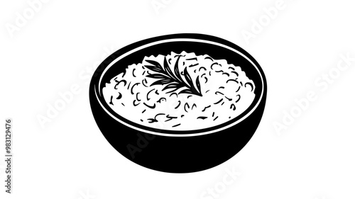 Neatly plated risotto in a deep bowl with a herb sprig on top, food illustration vector