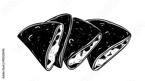 Overhead view of quesadilla slices, each showing cheese-filled interior, food illustration vector