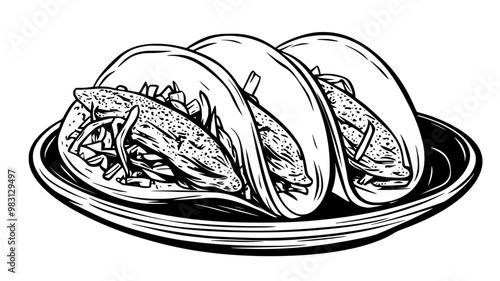Pair of fish tacos on a dish with slaw and fresh lime, food vector illustration