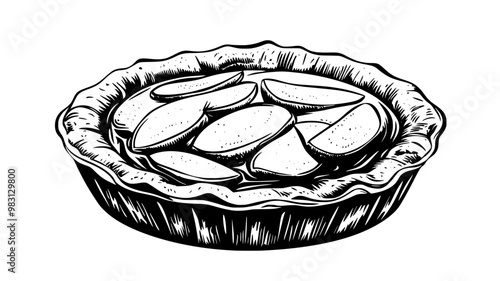 Pie with a full top crust, filled with apple slices, placed on a white surface, food illustration vector