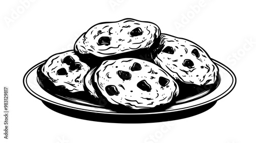 Pile of oatmeal cookies arranged on a flat round plate, food vector graphic