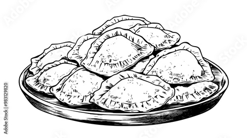 Pile of chicken empanadas on a wooden table, ready to serve, food vector illustration