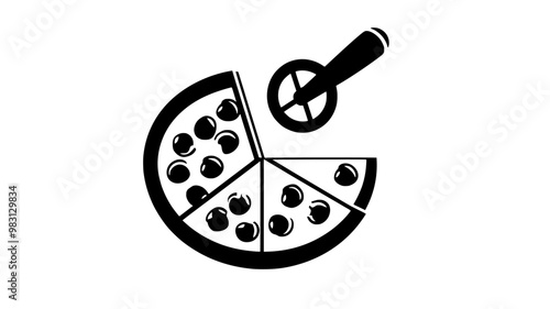 Pizza being sliced with a round pizza cutter on a flat surface, food illustration vector