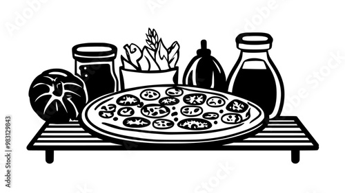 Pizza topped with various ingredients on a cooling rack after baking, food vector graphic