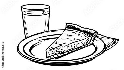 Plate with quiche slice, glass of water, and napkin on the side, food illustration vector