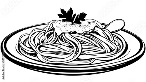 Plate of fettuccine pasta coated with Alfredo sauce, served with garlic bread, food vector graphic