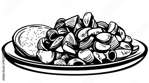 Pasta salad with vegetables dressed on a white plate, food vector graphic