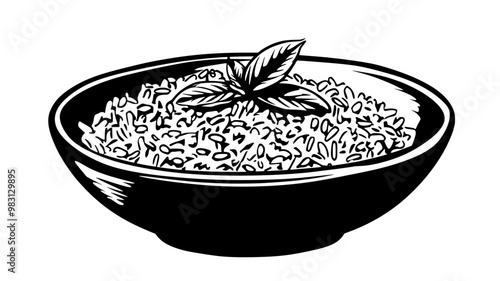 Pilaf in a shallow, round ceramic dish with visible grains and garnish, food vector illustration