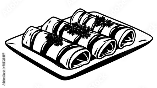 Plate of enchiladas neatly rolled and covered with sauce, arranged in a row on a rectangular dish, food vector illustration