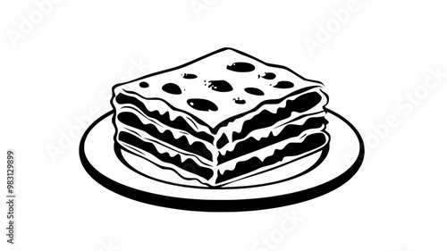 Plate of lasagna with slice in the center, displaying layers of pasta and filling, food illustration vector