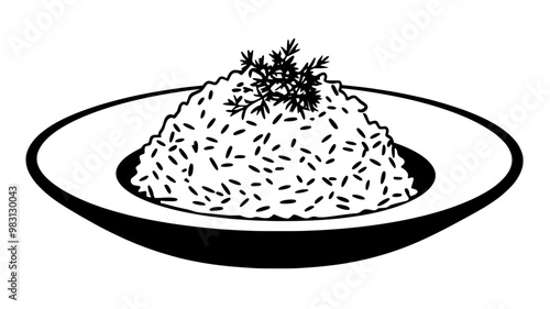 Portion of risotto arranged in a mound, with herb garnish on a simple plate, food vector illustration