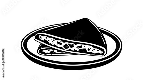 Quesadilla resting on a plate, cut into quarters, with visible cheese filling, food vector graphic