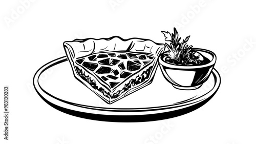 Quiche slice on a plate with a small bowl of garnish beside it, food vector illustration