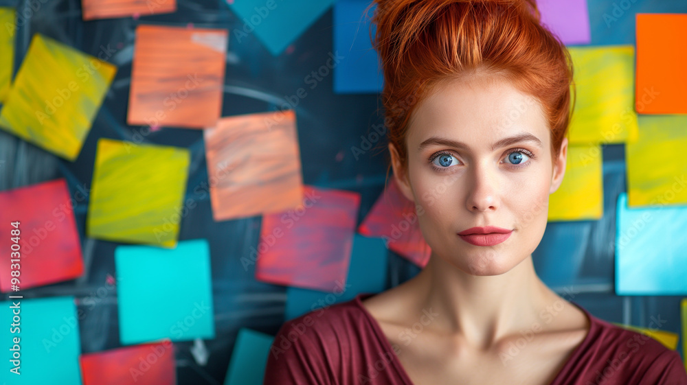 Portrait of a woman with red hair in front of colorful sticky notes Portrait of a woman with red hair in front of colorful sticky notes