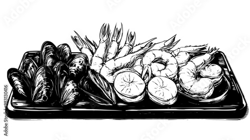 Seafood platter with shrimp, scallops, and mussels on a wooden board, food vector graphic