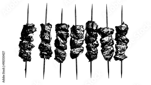 Series of beef kebabs on a grill, turned at identical angles, food illustration vector