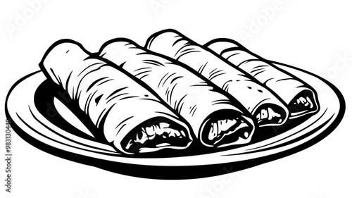 Serving of enchiladas on a plate, with sauce evenly distributed over each rolled tortilla, food illustration vector