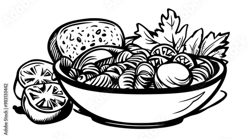 Pasta salad with a variety of vegetables in a bowl, food vector graphic