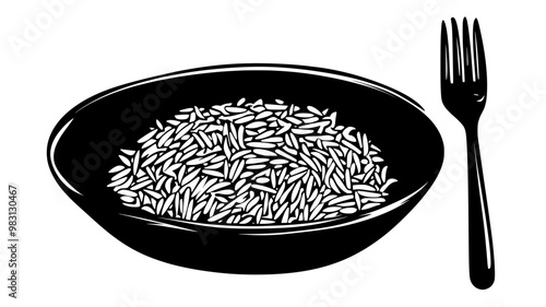 Pilaf in a wide, shallow dish with a plain utensil beside the plate, food vector illustration