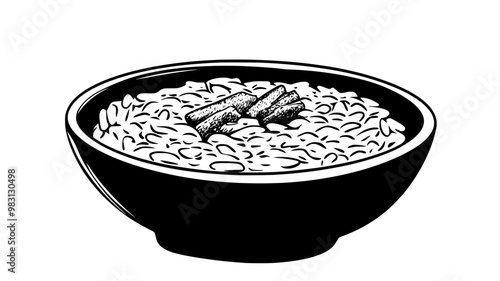 Risotto with visible ingredients served on a wide, flat ceramic dish, food vector illustration