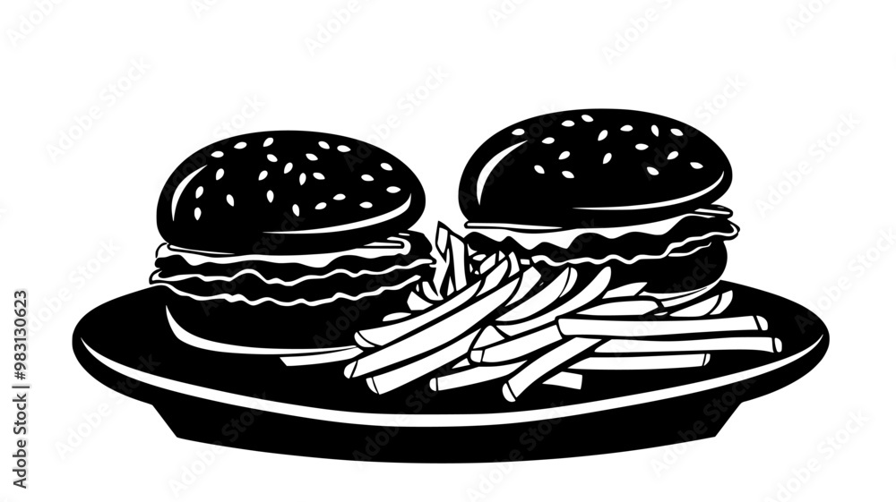 Two burgers and fries on a serving tray, food illustration vector Two burgers and fries on a serving tray, food illustration vector