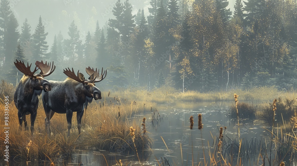 Two moose stand in a misty forest clearing, their antlers silhouetted against the trees. Two moose stand in a misty forest clearing, their antlers silhouetted against the trees.