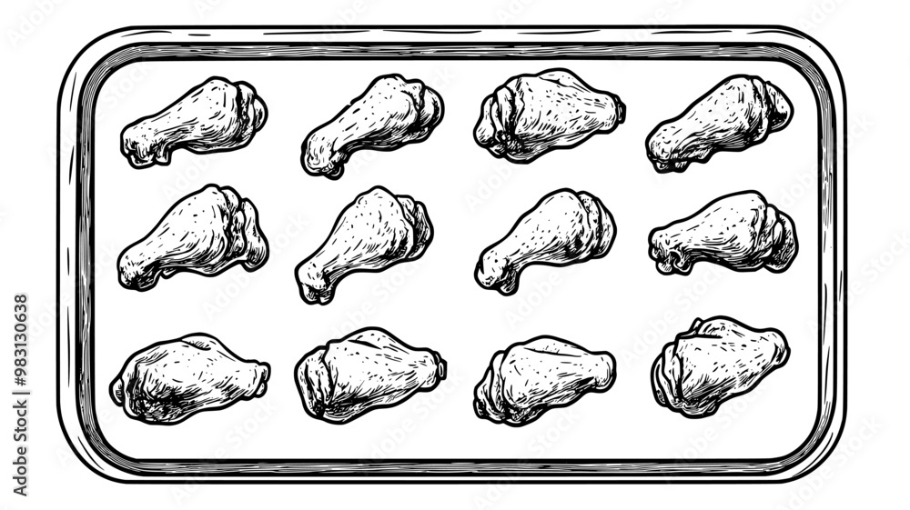 Several chicken wings laid out in neat pattern on long serving tray, food illustration vector Several chicken wings laid out in neat pattern on long serving tray, food illustration vector