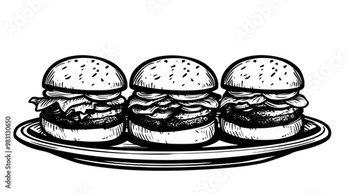 Set of three sliders with lettuce, tomato, and onions on small buns, arranged on a plate, food vector graphic
