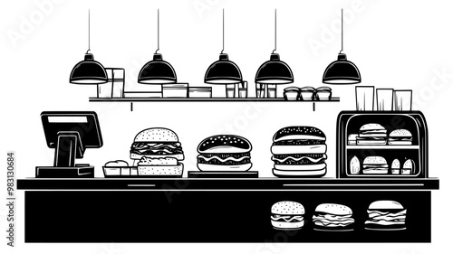 Several classic deli sandwiches displayed on a bakery counter beside a register, food vector illustration