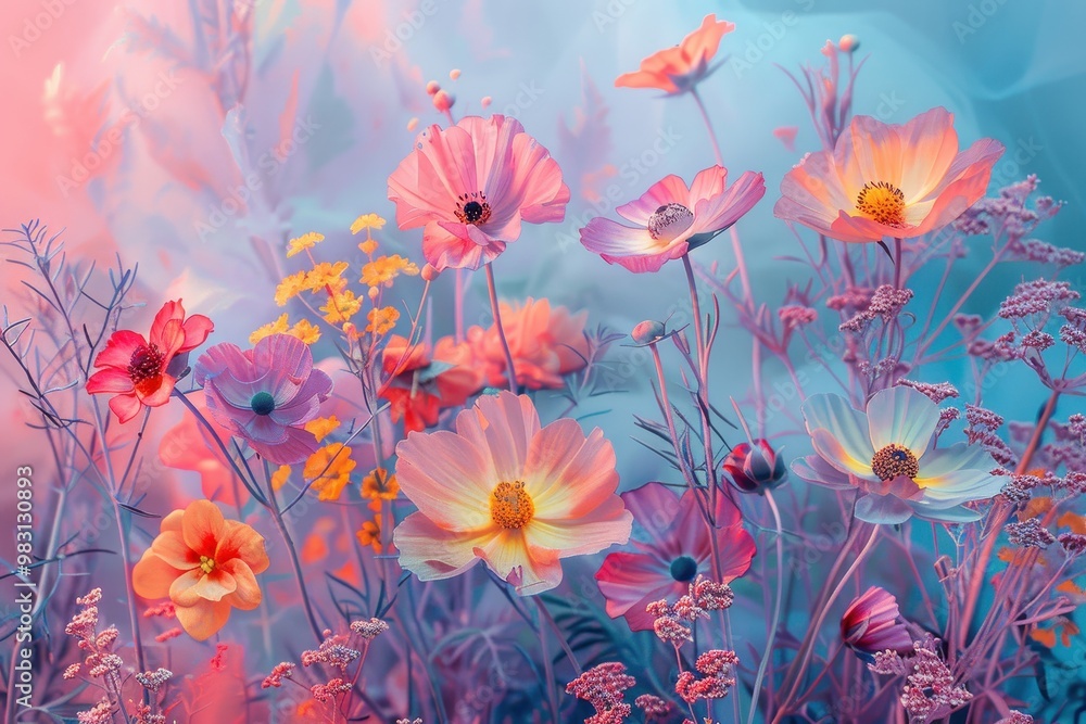 Vibrant field of colorful flowers in a dreamy, ethereal setting. Soft, pastel hues create a sense of peace and tranquility. Vibrant field of colorful flowers in a dreamy, ethereal setting. Soft, pastel hues create a sense of peace and tranquility.