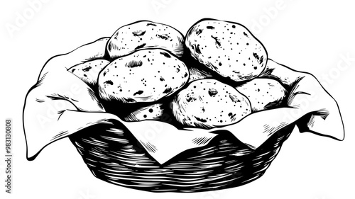 Scones in a basket with cloth napkin, food vector graphic