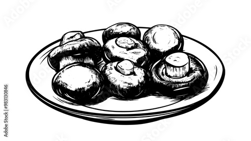 Stuffed mushrooms arranged in a circular pattern on a white plate, food vector graphic