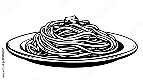 Side view of a plate of spaghetti carbonara showcasing the texture of pasta and sauce, food illustration vector