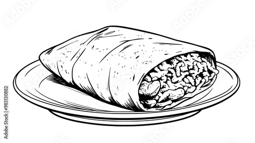 Single burrito fully wrapped, resting on a plate, with rice and beans inside, food vector graphic