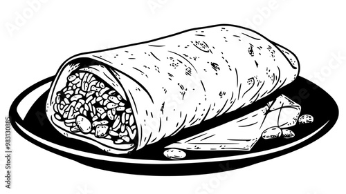 Single burrito fully wrapped, resting on a plate, with rice and beans inside, food illustration vector