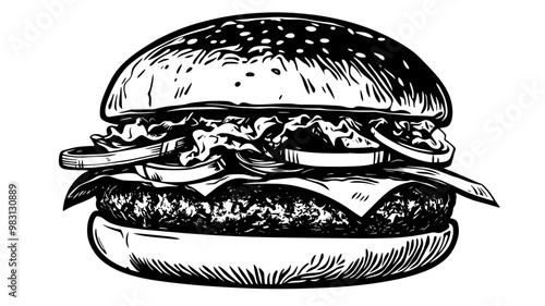 Beef patty on a bun with lettuce, tomato, onions, and pickles, food illustration vector