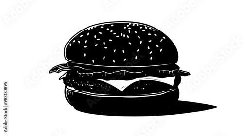 Single burger with patty and fillings, placed diagonally on a flat surface, food illustration vector