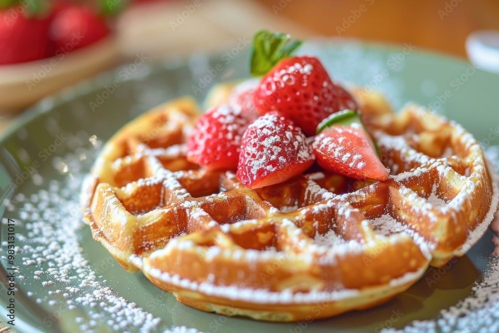 Fresh waffle is presented on a green plate, topped with strawberries and powdered sugar Fresh waffle is presented on a green plate, topped with strawberries and powdered sugar