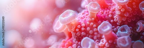  A tight shot of vibrant red and white corals against a backdrop of blue and pink hues, with a softly blurred sky above photo