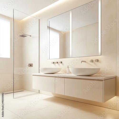 Beige minimalist bathroom with frameless mirrors and natural stone countertops, minimalist bathroom, organic elegance