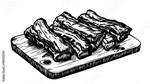 Sliced ribs on a cutting board with sauce pooling around, food illustration vector