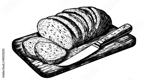 Sliced ciabatta loaf on a flat surface with a knife nearby, food vector graphic