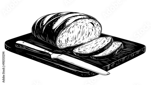 Sliced ciabatta loaf on a wooden cutting board with a knife beside it, food vector illustration