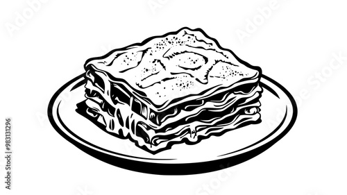 Slice of layered lasagna with pasta, cheese, and sauce, served with garlic bread, food illustration vector