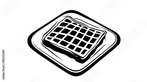 Square plate with a single Belgian waffle centered, food illustration vector