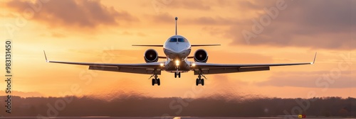  A plane taking off from the runway against a backdrop of sunset and foreground clouds