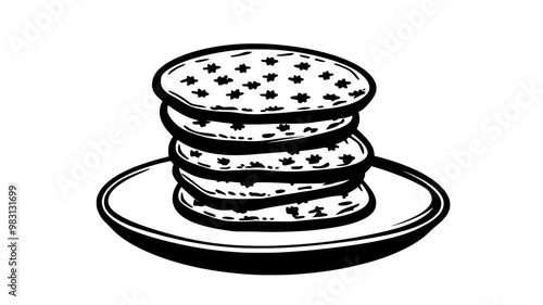 Stack of shortbread cookies resting on a flat round plate, food illustration vector
