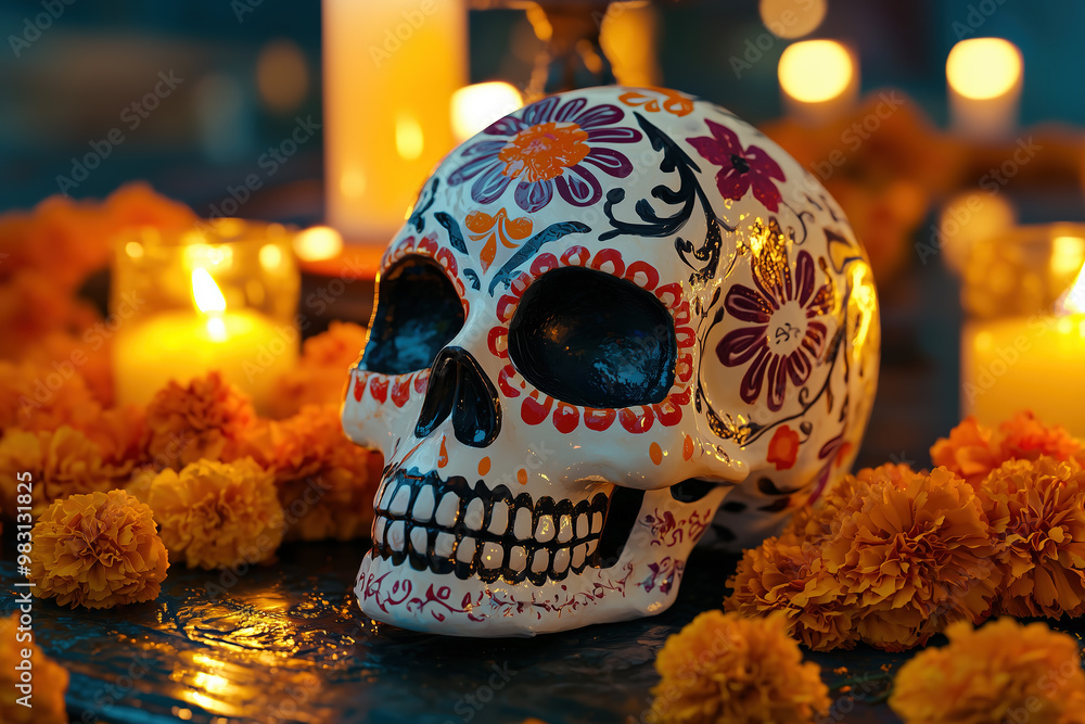 vibrantly decorated skull, a traditional element commonly associated with the Mexican holiday Dia de los Muertos (Day of the Dead) vibrantly decorated skull, a traditional element commonly associated with the Mexican holiday Dia de los Muertos (Day of the Dead)