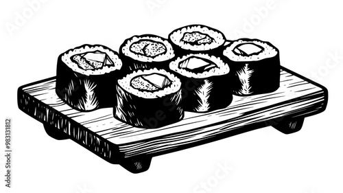 Sushi rolls served on a wooden board with visible fillings and rice, food illustration vector